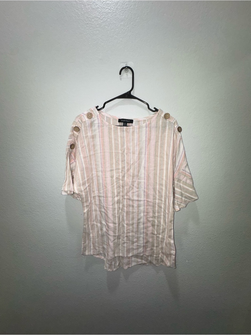 Ellen Tracy Pink and Cream Striped Button-Shoulder Top